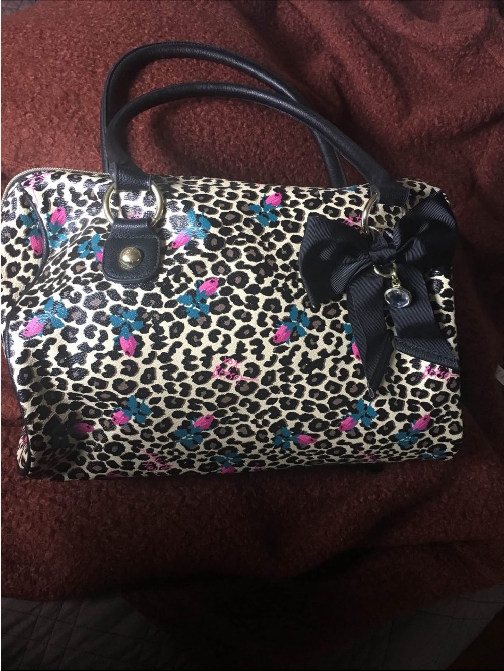 Leopard Print Satchel with Pink & Teal Floral Accents , Betsy Johnson